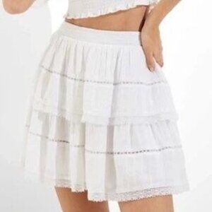 AEO Cotton Blend White Lace Trim Two Tier Elastic Waist Boho Mini Skirt Size XXL